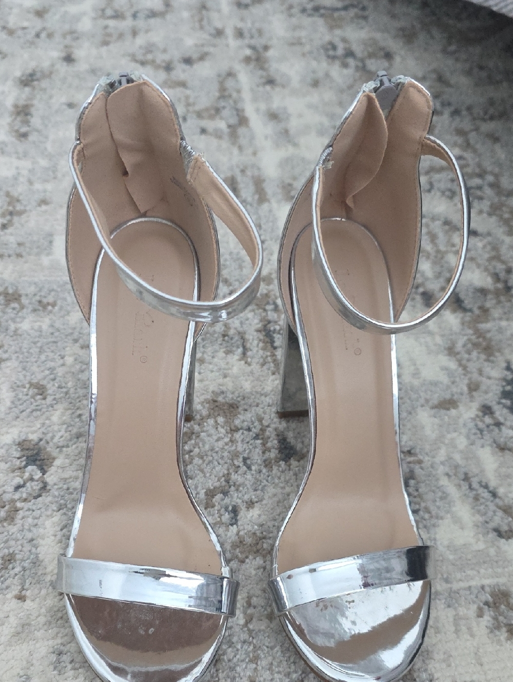 Metallic Silver Block Heel Ankle-Strap Sandals